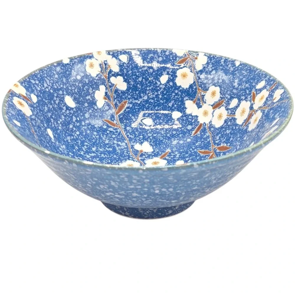 SH Home Sakura Cherry Blossom Ceramic Ramen Noodle Bowl Blue w/ Chopsticks Spoon